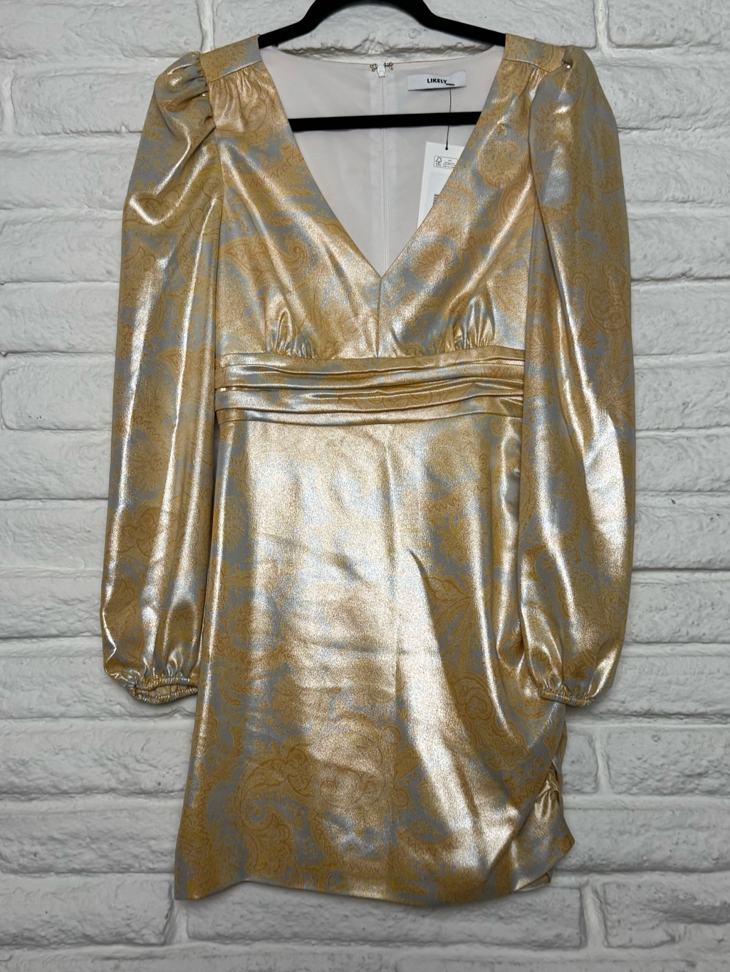 Likely Metallic Gold Jacquard V-Neck Long Sleeve Mini Dress